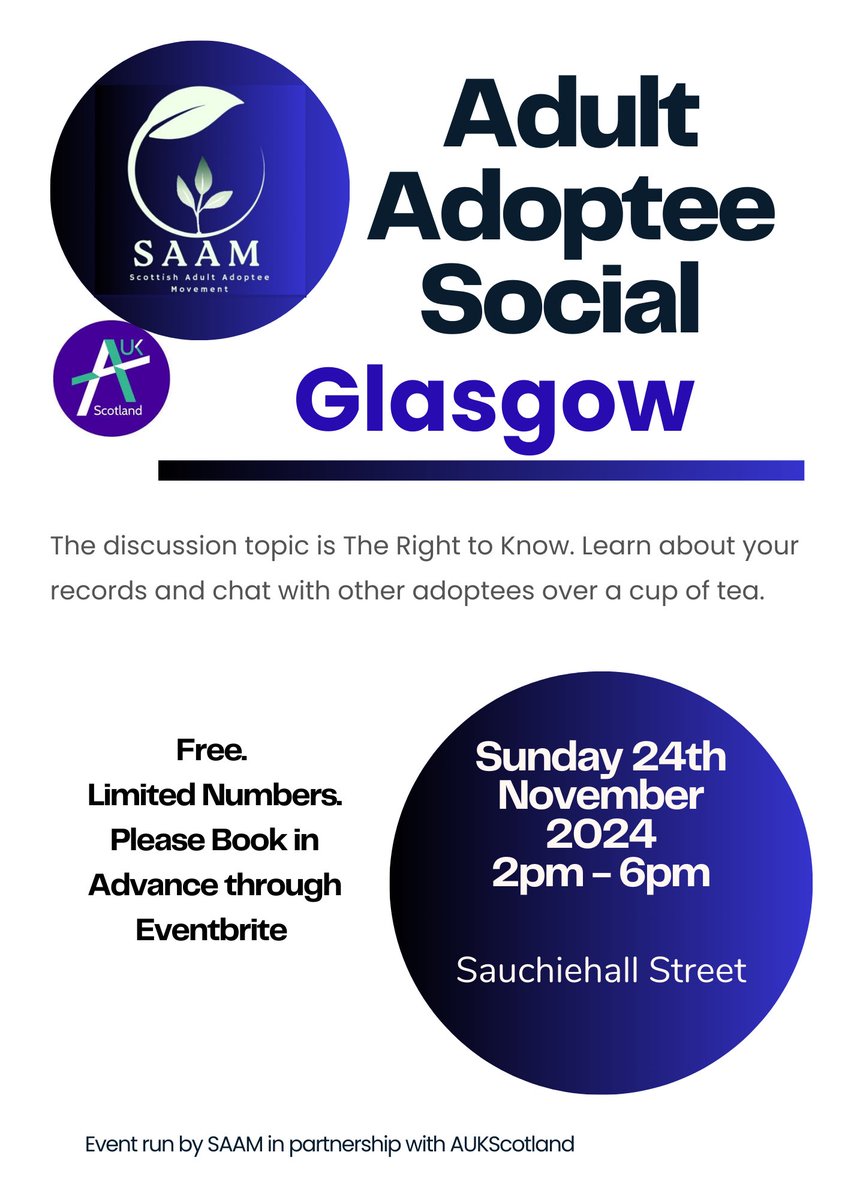 ScottishAAM's tweet image. #AWS24 is coming…..

 #AdultAdoptee social event #Glasgow 

Book your tickets @eventbrite 

👇 

eventbrite.co.uk/o/scottish-adu…