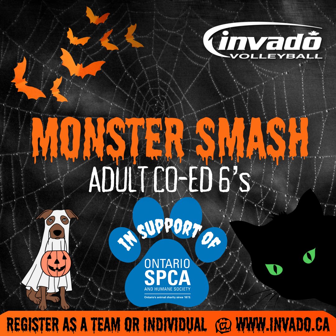 Last chance to register for our MONSTER SMASH Co-ed 6’s in support of Ontario SPCA happening THIS SUNDAY Oct 27!

Register before the deadline TONIGHT (or before we SELL OUT) @ invado.ca/tournaments/os…

#invadovb #invadotourneys #ontariospca #volleyballtournament #adultvolleyball