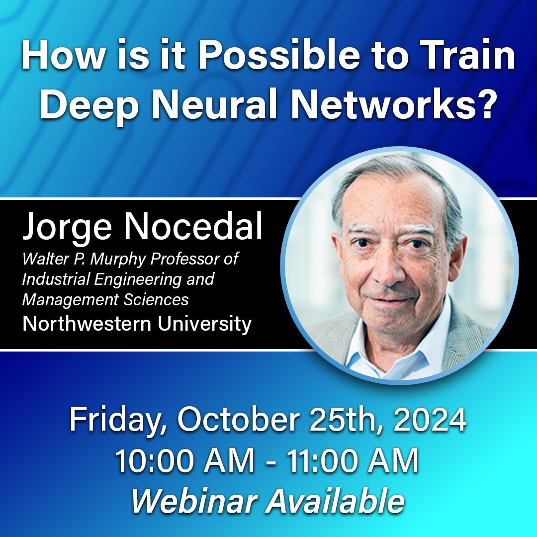 Join us tomorrow for the NITMB Seminar Series, featuring Walter P. Murphy Professor Jorge Nocedal on ‘How is it Possible to Train Deep Neural Networks?’

You can attend the seminar either in person at NITMB in downtown Chicago, or virtually via a webinar! nitmb.org/events