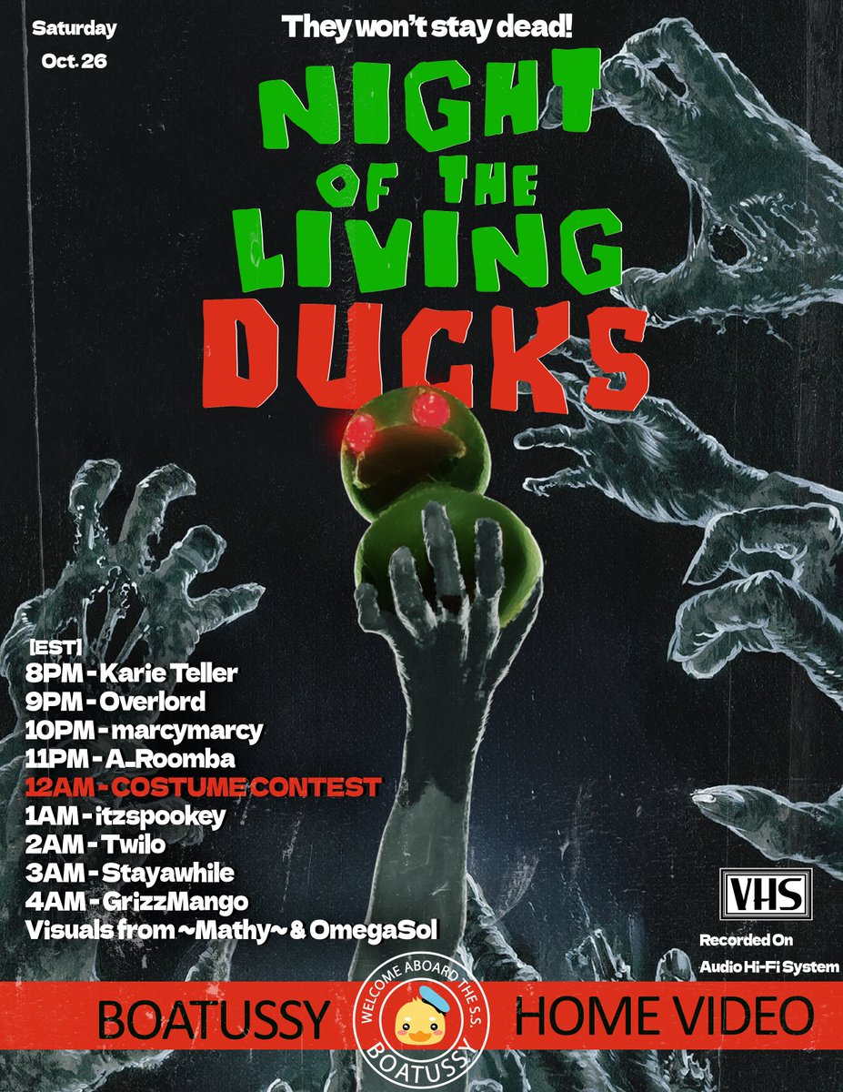 🎃NIGHT OF THE LIVING DUCKS!👻
The ween approaches!
All you #spooktober lovers are in for a treat. Join us this Saturday (Oct 26) for an epic event like no other with an absolutely diabolical DJ Lineup!
#boatussy #vrchat #vrchatworld #Spookality2024 #halloween2024 #ducks
