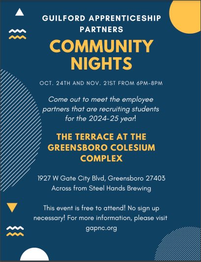 GCS_CTE's tweet photo. Tonight is Community Night! Come meet Guilford Apprenticeship Partners  #FREE 

#10percent4GCS
#CTEtakesflight
#ultimateclassroomexperience
#CTEforNC https://t.co/9B45Et7ISR