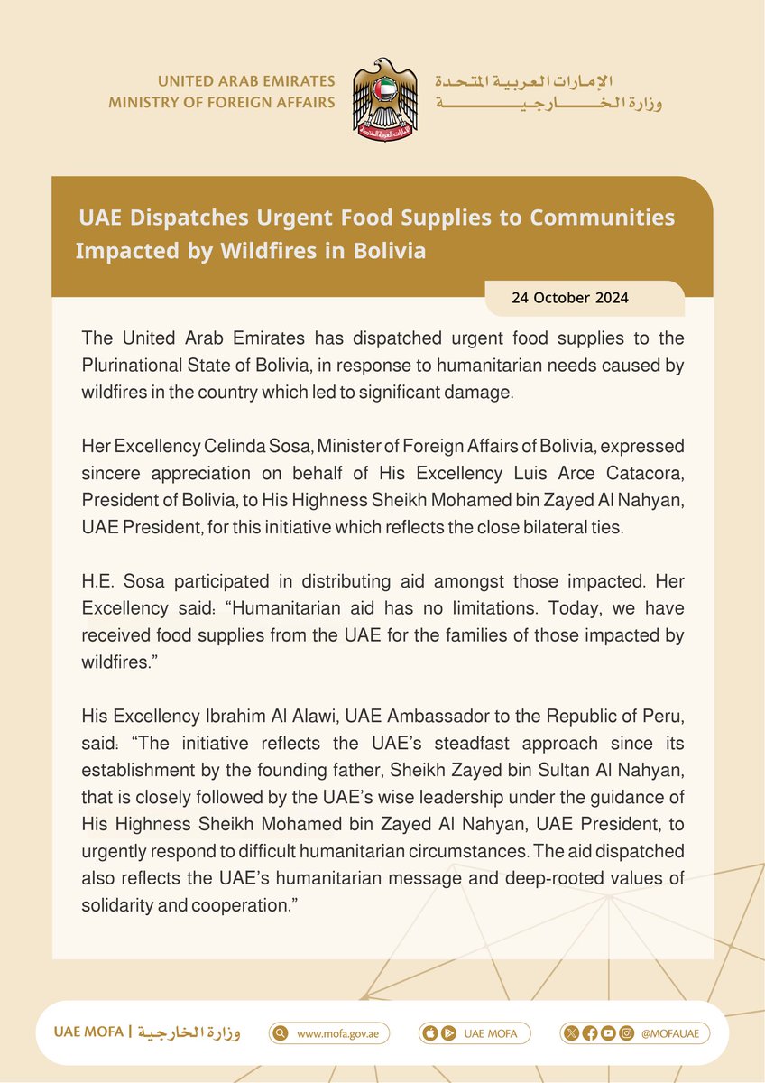 UAE Dispatches Urgent Food Supplies to Communities Impacted by Wildfires in Bolivia

mofa.gov.ae/en/mediahub/ne…