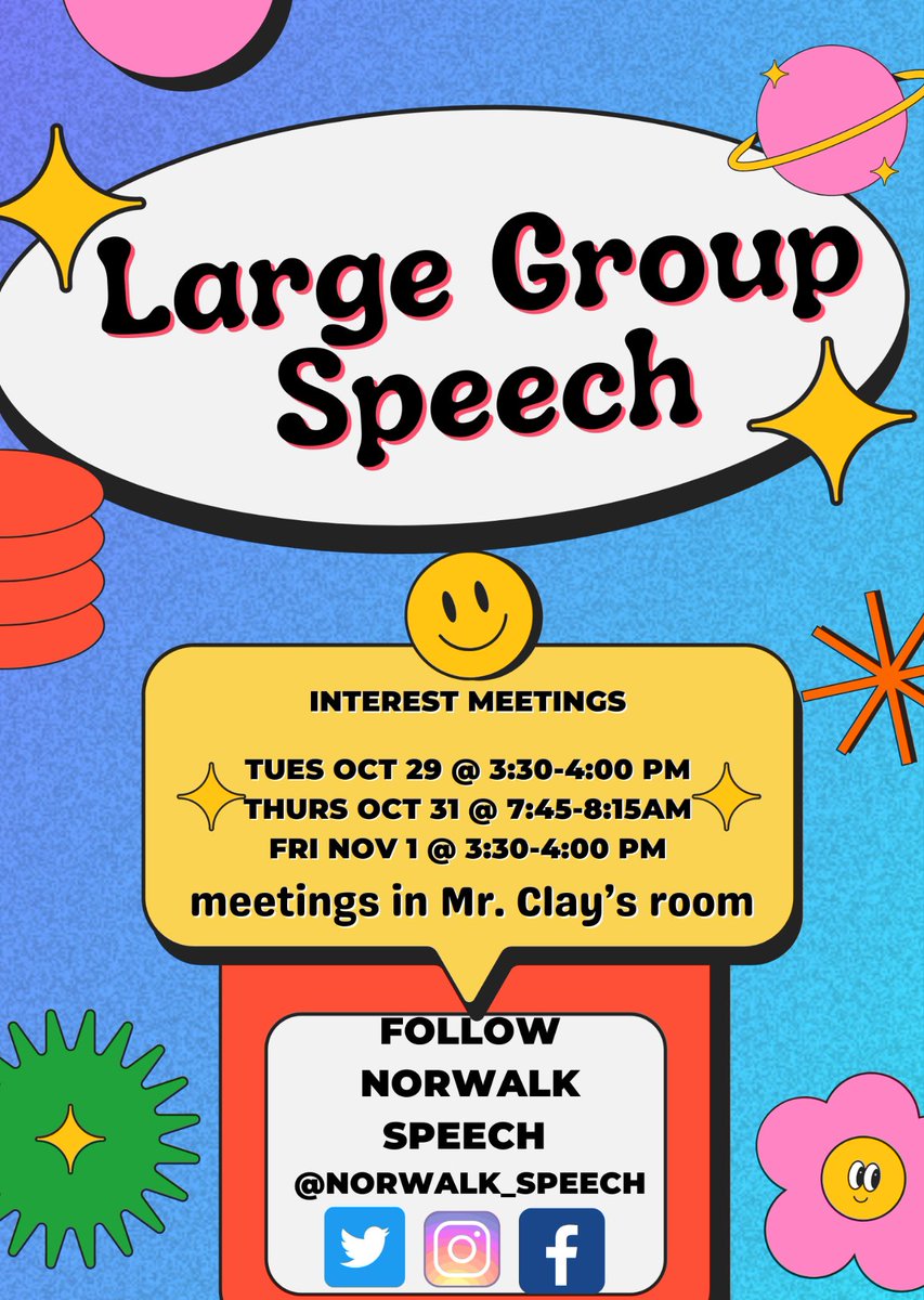 Norwalk_Speech's tweet photo. Join Large Group Speech! Interest meetings next week! See Mr. Clay or Ms. Burrow for more details! #SpeechFun https://t.co/Drh3Gg6j8t