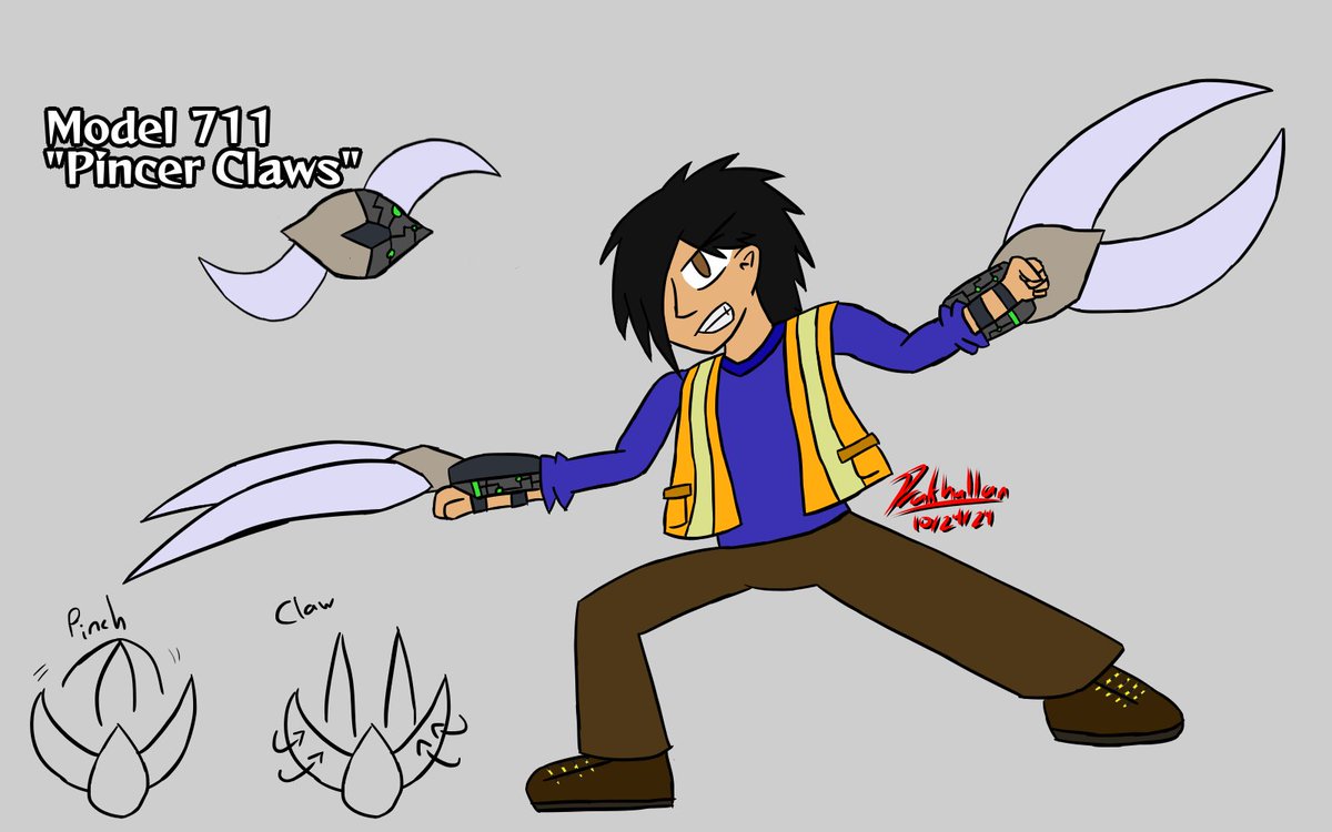 Drakhallan's tweet photo. #OC_tober Day 24: Claws
Kevin Mokaro &amp; Gearon Model 711: "Pincer Claws"
A worker in The Steels, Kevin uses Model 711 to aid in construction work. Outside work, Kevin derives joy from putting down the people of The Woods (low income sector) while drinking with his buddies. https://t.co/tan591GWS7