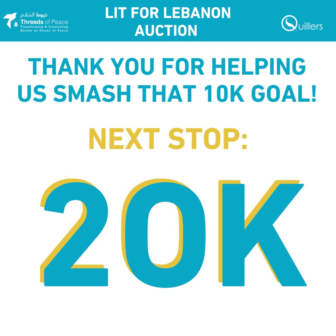 QuillersSWANA's tweet image. We have already reached 10k in 1 Day!!! You have all exceeded our expectations! Now our new goal: 20k✨

If you're an author/agent/editor/creative who would like to donate an item please email us! 

All proceeds go to the displaced people of Lebanon!