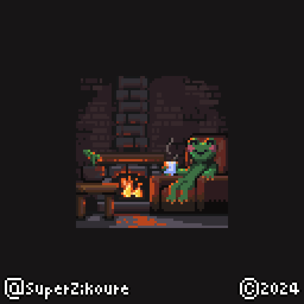 SuperZikoure's tweet photo. Frogbert is fine!! He recovered and is warming up by the fireplace with some hot chocolate!

fireplace + chocolate
#pixelart #ドット絵 #froggyfall #froggyfall2024 https://t.co/vObtBsF1wH