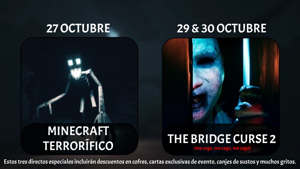 🎃 ¡ESPECIAL HALLOWEEN! 👻

Tres directos repletos de momentos espeluznantes, sustos y gritos. No podéis faltar este 27, 29 y 30 de octubre porque más que nunca necesito vuestra compañía para afrontar esta situación.

Os dejo por aquí el calendario ⤵️ rt y fav se agradecen 🫶