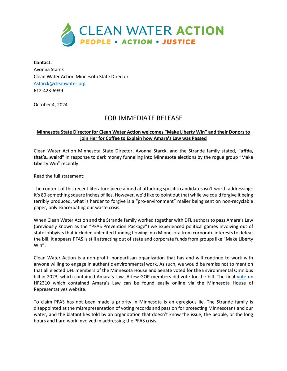 CleanWaterMN's tweet image. @MLW_PAC is putting out false information about MN candidates. Don't be fooled - @MNfromMN @RepWolgamott and the entire DFL party voted in SUPPORT of #PFAS legislation. We're standing up to false information meant to spread lies to voters.