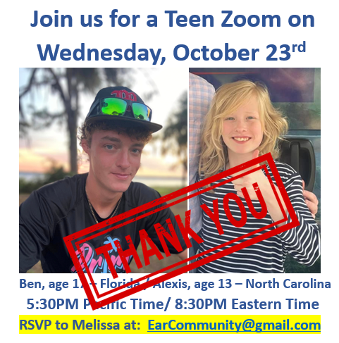 Melissa Tumblin (@earcommunityorg) on Twitter photo Thank you to Ben & Alexis for being our hosts & thank you to the teens that attended our Teen Zoom! 
We had great conversations from sharing microtia & atresia journeys to school to hearing loss & assistive hearing devices to good days & bad days, dating & more!
Ear Community Thank you to Ben & Alexis for being our hosts & thank you to the teens that attended our Teen Zoom! 
We had great conversations from sharing microtia & atresia journeys to school to hearing loss & assistive hearing devices to good days & bad days, dating & more!
Ear Community