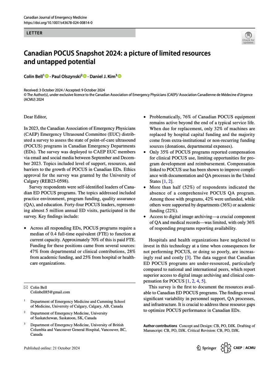 Dan Kim (@dan___kim) on Twitter photo Kudos to <a href="/colinrbell/">Colin Bell</a> for leading this <a href="/CAEP_EUC/">CAEP Emergency Ultrasound Committee</a> effort to survey Canadian 🇨🇦 #POCUS programs
•76% of POCUS equipment is used beyond service life
•1/3 of programs receive $ for clinical POCUS use
•1/2 don't have POCUS QA
<a href="/CAEP_Docs/">CAEP</a> <a href="/CJEMonline/">CJEM</a>
🔗doi.org/10.1007/s43678… Kudos to <a href="/colinrbell/">Colin Bell</a> for leading this <a href="/CAEP_EUC/">CAEP Emergency Ultrasound Committee</a> effort to survey Canadian 🇨🇦 #POCUS programs
•76% of POCUS equipment is used beyond service life
•1/3 of programs receive $ for clinical POCUS use
•1/2 don't have POCUS QA
<a href="/CAEP_Docs/">CAEP</a> <a href="/CJEMonline/">CJEM</a>
🔗doi.org/10.1007/s43678…
