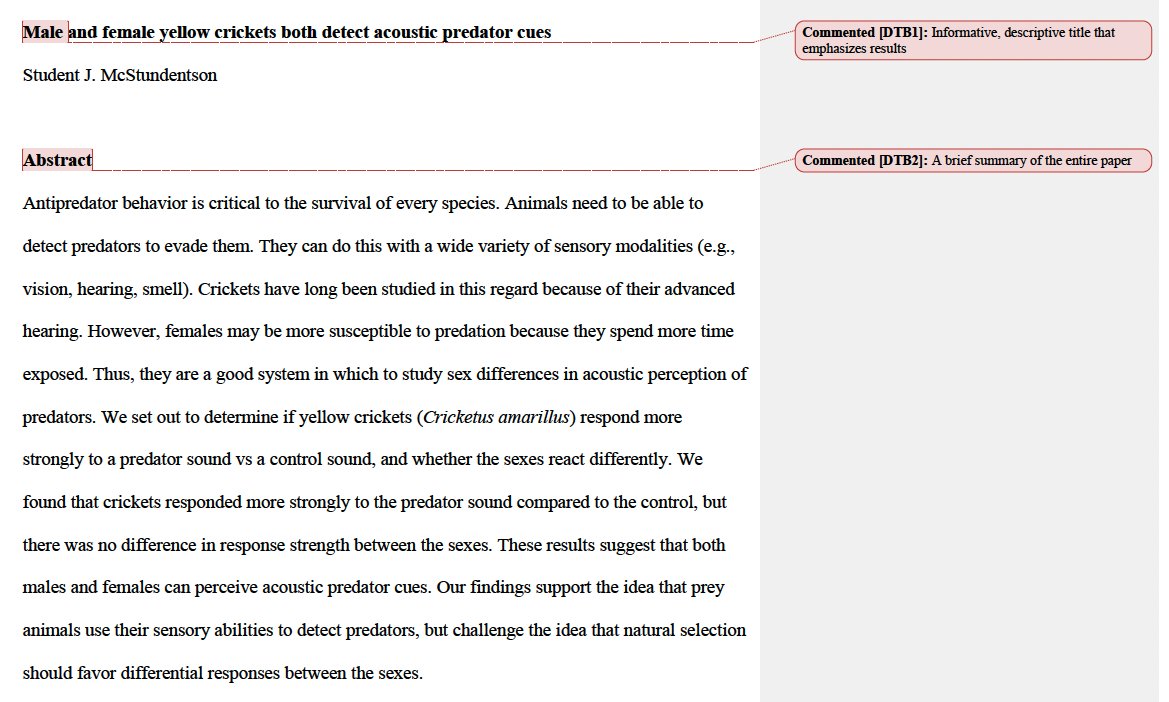 evornithology's tweet image. The more I teach science writing, the more I find that students best learn the basics when they have a concise example to follow. Here's my streamlined version of the ideal empirical paper, annotated with 14 important points. Let me know what you think. What should I change?