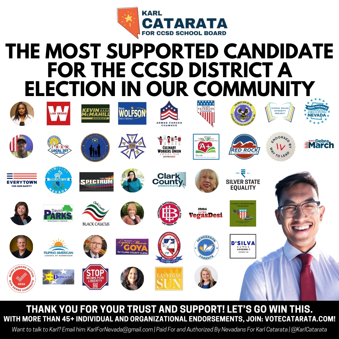 KarlCatarata's tweet photo. Thank you for your trust and support! We are the most endorsed campaign for the #CCSD #DistrictA race. 

Let's continue to work together and improve our school district. More: https://t.co/0OZhSzKMsh. https://t.co/fByanUoDMt