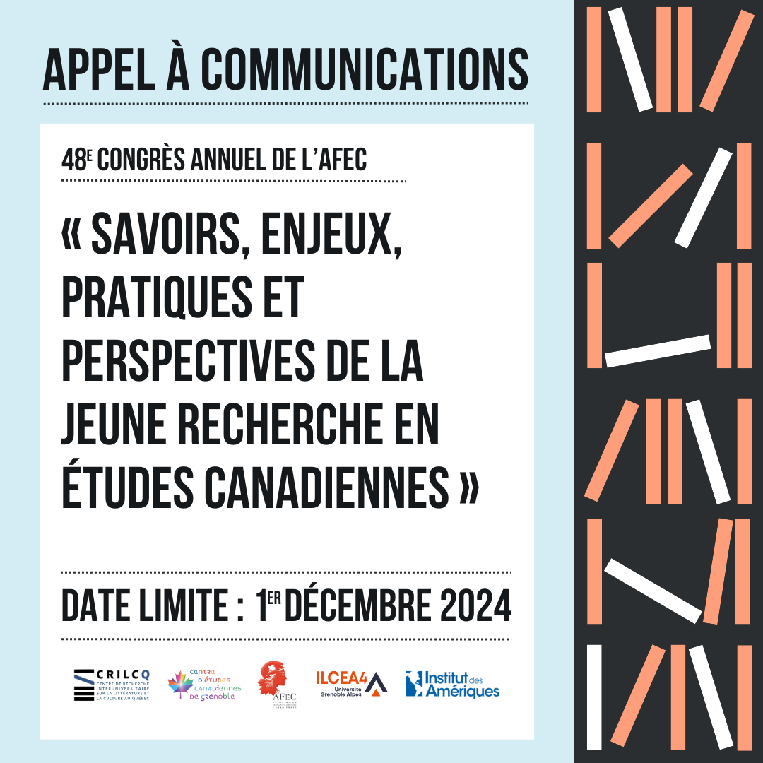 📢 [APPEL] L'appel à communications pour le 48e congrès international annuel de l’Association française d’études canadiennes (AFÉC) est en cours.

Date limite : 1er décembre 2024

Infos 👇
crilcq.org/actualites/app…

#communautéFRQ #étudesquébécoises #CultureQc #aféc