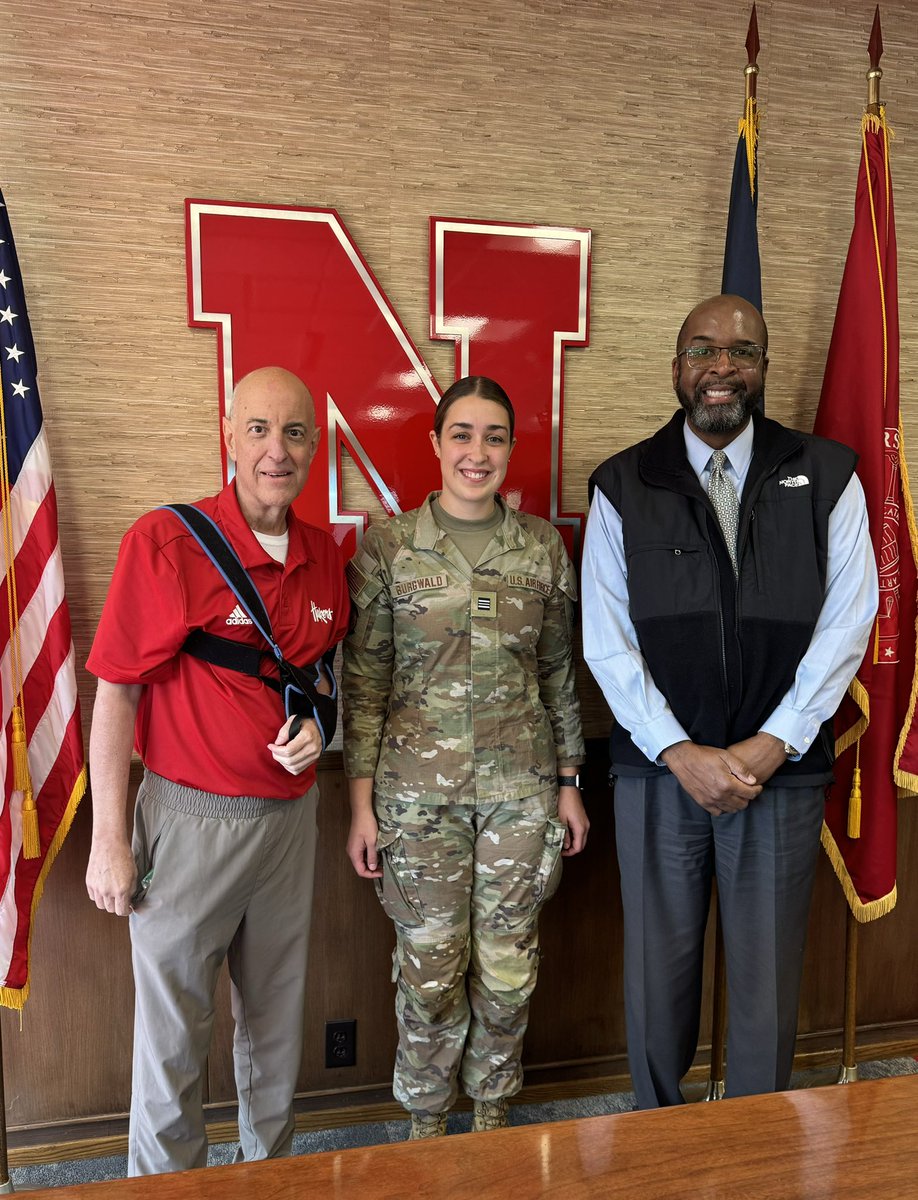 I had a great conversation this afternoon with Air Force ROTC cadet Elena Burgwald, a junior from Sioux Falls, S.D., and the Voice of the Huskers, Greg Sharpe. Elena is the 2024 flyover coordinator, leading the team that directs incoming aircraft for pregame flyovers.