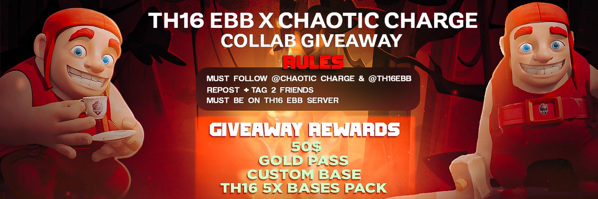 archetype_bb's tweet photo. Partnership Collaboration Giveaway! 

Must follow @th16exclusivebb &amp; @ChaoticCharge 
Repost + Tag 2 friends 
Must be on Th16 Ebb Discord server
Link: https://t.co/PIhapu2F5a

Giveaway rewards

50$
Goldpass
Custom Base 
Th16 5x Bases Pack

Best of luck everyone! GW ends in 12 day. https://t.co/TT1OxG6o3p