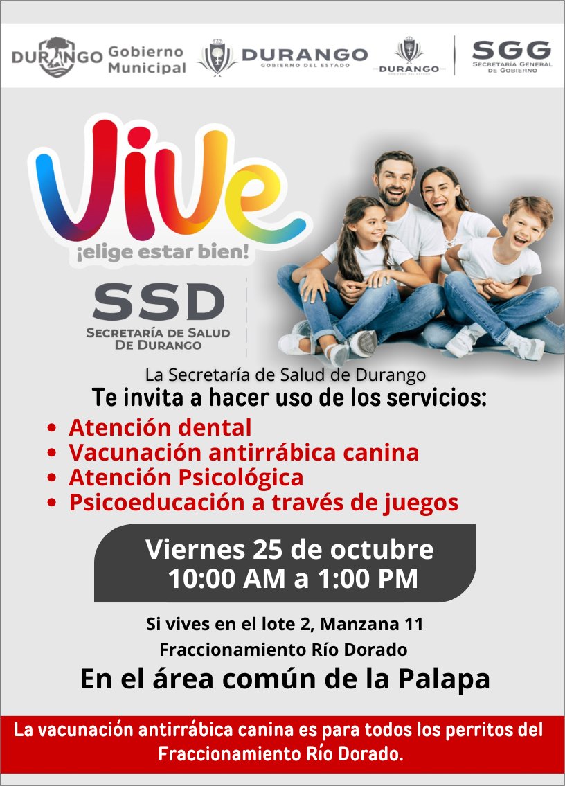 ismed_ssd's tweet image. !La Secretaría de Salud Durango, invita a los habitantes del Fraccionamiento #RíoDorado a hacer uso de los #serviciosmédicos!

-Atención dental 🦷
-Vacunación antirrábica canina 🐶
- Atención psicológica 🧠
-Psicoeducación a través de juegos 🎲

Viernes 25 de octubre 10:00 AM