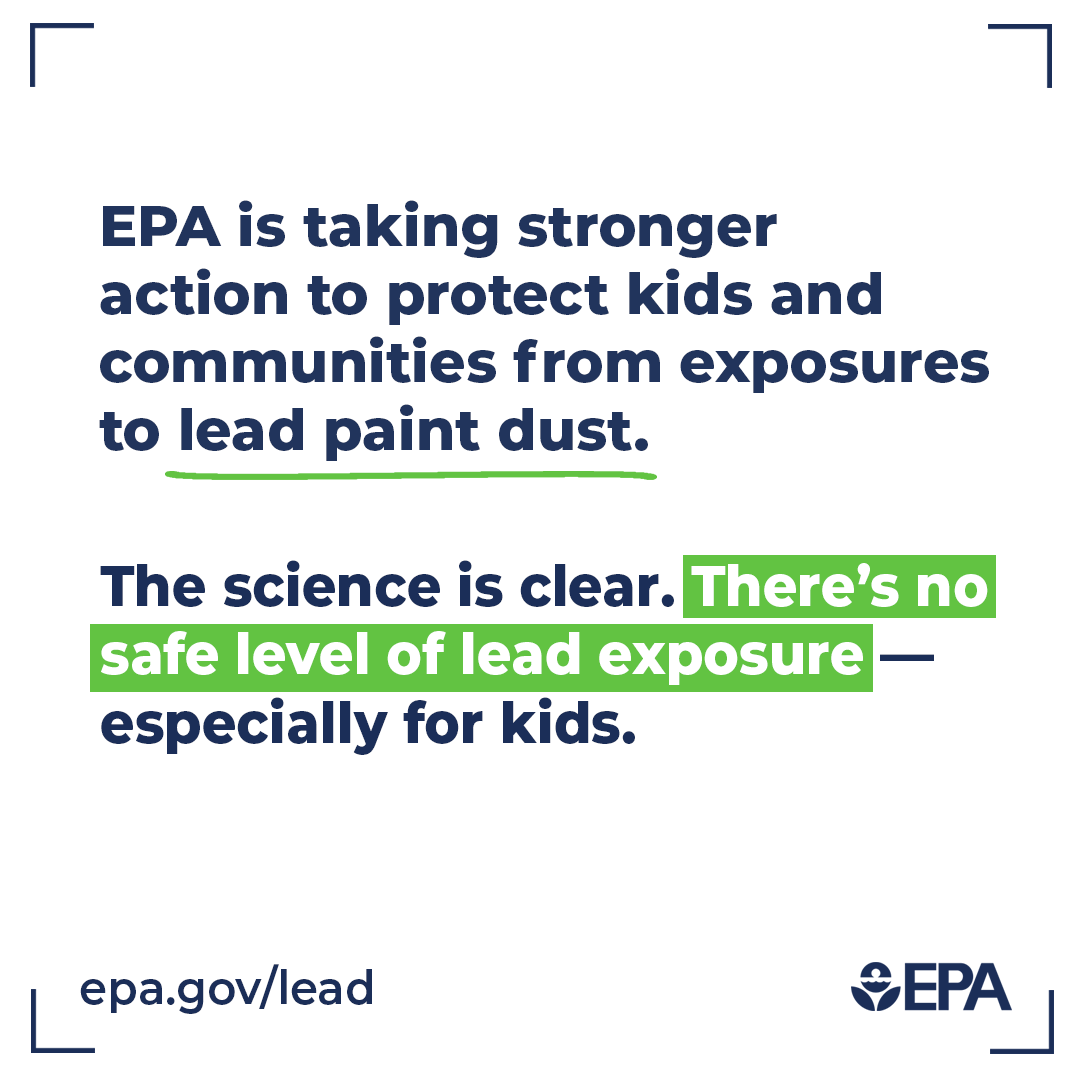 EPAregion7's tweet photo. There’s no safe level of lead in blood – especially for kids. That’s why today we strengthened standards for identifying and cleaning up #LeadPaint dust in pre-1978 homes and childcare facilities. #NLPPW2024
https://t.co/uQJAVFY0CO https://t.co/cpjhTthEFT