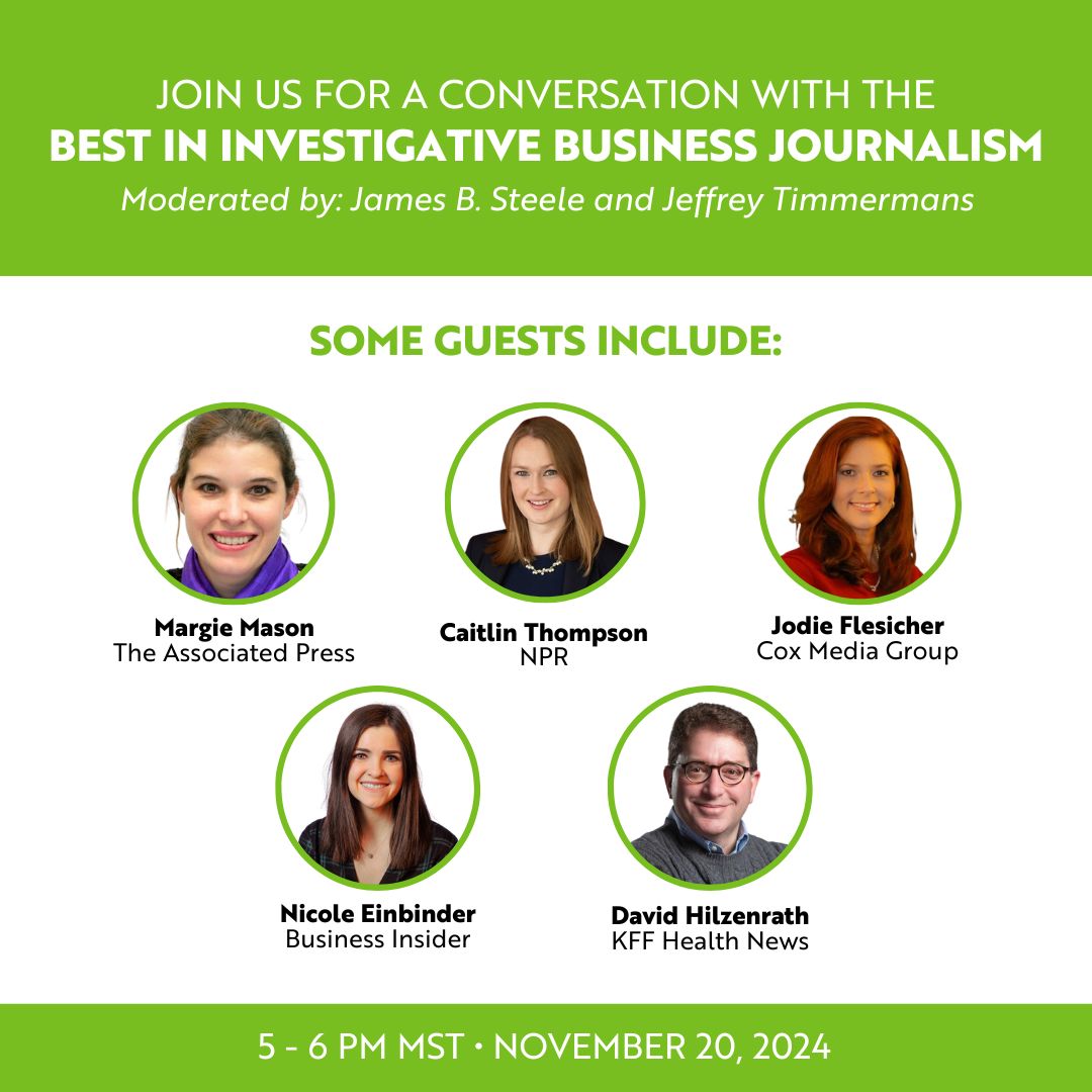 The Reynolds Center for Business Journalism at ASU (@bizjournalism) on Twitter photo Hear from the winners of the 2024 Barlett & Steele Awards as they discuss their extraordinary investigations next month at <a href="/Cronkite_ASU/">Cronkite School</a>! Guests include:
▪️<a href="/MargieMasonAP/">Margie Mason</a>
▪️<a href="/jodieTVnews/">Jodie Fleischer</a>
▪️<a href="/DavidHilzenrath/">David Hilzenrath</a>
▪️<a href="/caitlin_reports/">Caitlin Thompson</a>
▪️<a href="/NicoleEinbinder/">Nicole Einbinder</a>
More at businessjournalism.org/events/ Hear from the winners of the 2024 Barlett & Steele Awards as they discuss their extraordinary investigations next month at <a href="/Cronkite_ASU/">Cronkite School</a>! Guests include:
▪️<a href="/MargieMasonAP/">Margie Mason</a>
▪️<a href="/jodieTVnews/">Jodie Fleischer</a>
▪️<a href="/DavidHilzenrath/">David Hilzenrath</a>
▪️<a href="/caitlin_reports/">Caitlin Thompson</a>
▪️<a href="/NicoleEinbinder/">Nicole Einbinder</a>
More at businessjournalism.org/events/