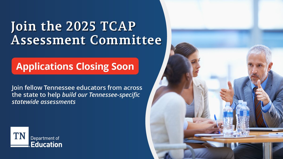 TNedu's tweet image. TN EDUCATORS: Apply to join the Spring or Summer 2025 TCAP Assessment Committee and share your input on the assessment! Spring 2025 applications close Oct. 27th. Find more information on applications and future committees here: tn.gov/education/dist…