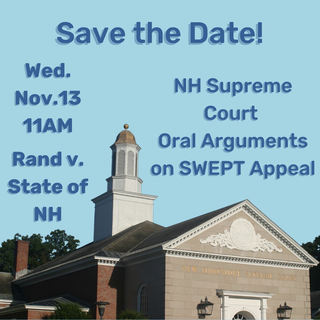 fairfundingnh's tweet image. Mark your calendars! The oral arguments on SWEPT at the NH Supreme Court will be taking place on Wednesday, November 13 at 11am. Remote access is available through the livestream on the Court's website, and a video recording of the arguments will be archived there as well.