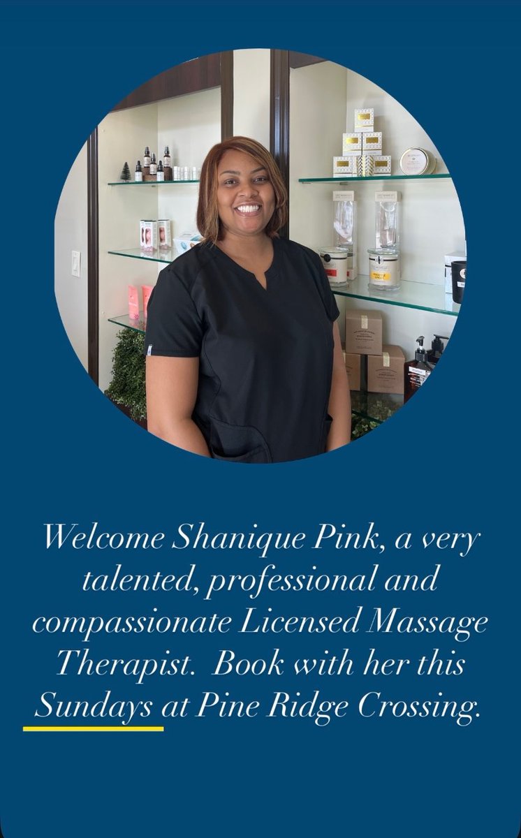 MassageHeights1's tweet photo. Welcome Shanique Pink, a very talented, professional and compassionate Licensed Massage Therapist. Book with her this Sundays at Pine Ridge Crossing 239-449-9009 https://t.co/XqOA4xIxQs