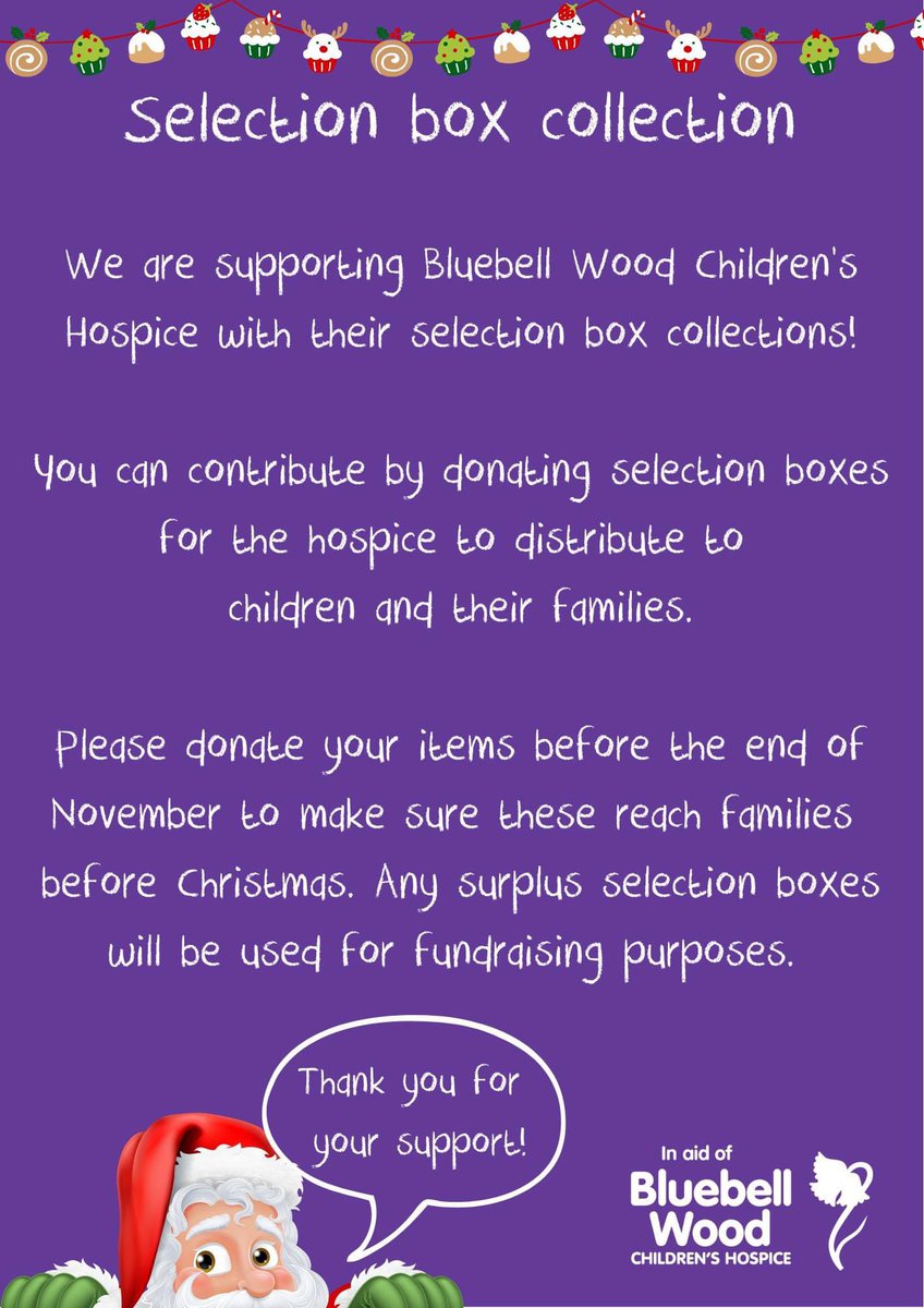 From now and until the end of November Handsworth FC will be collecting selection box for Shay O’Grady Jason O'Grady 

The drop of point will be in the ambers bar or clubhouse, so please 🙏 let’s support this wonderful charity Bluebell Wood Children's Hospice

💜💜🧡🖤🧡🖤💜💜