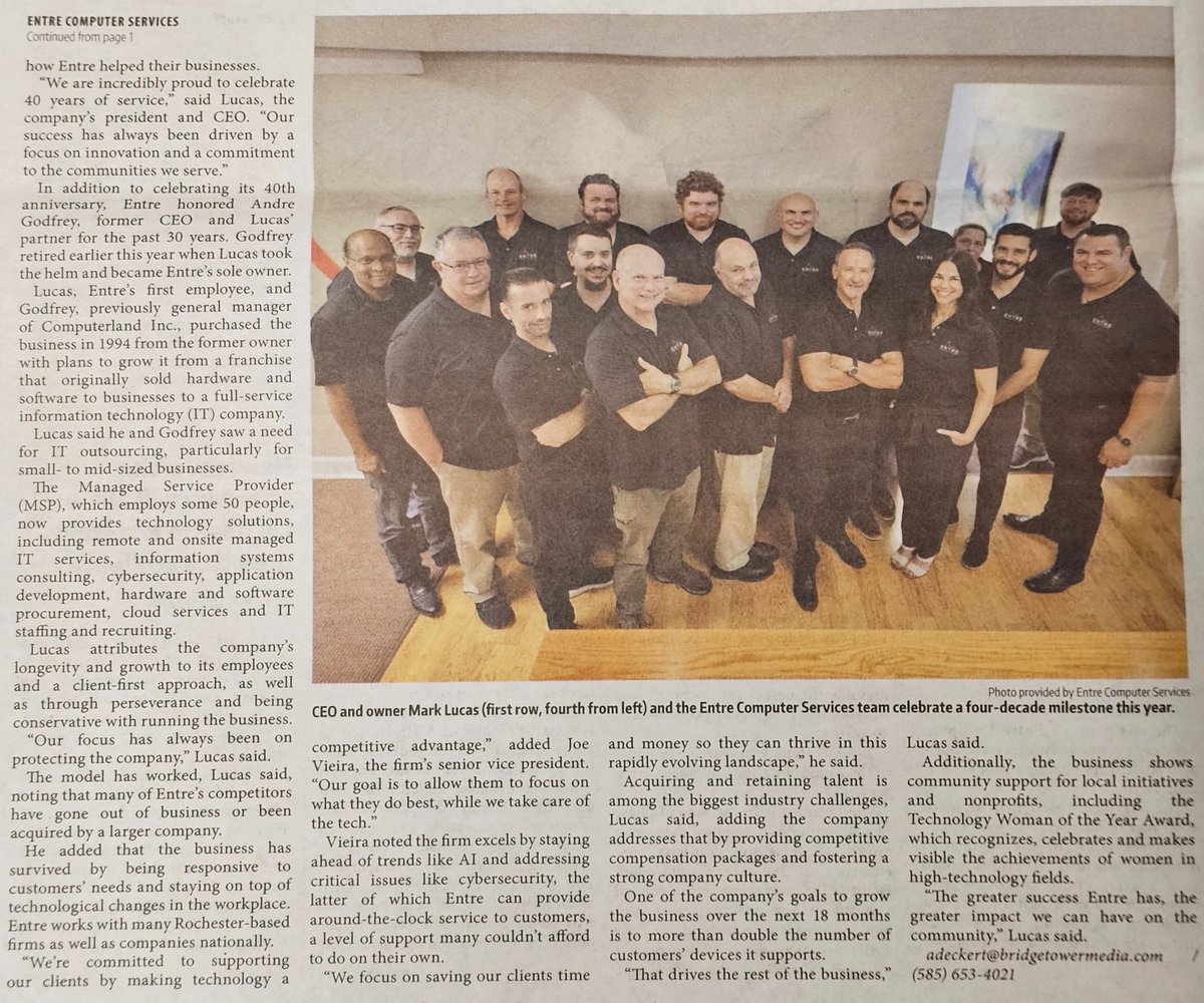 EntreCS's tweet photo. Mark Lucas and Joe Vieira checking out Entre Computer Services on the front page of the Rochester Business Journal! Grateful for 40 years of service, growth, and community impact. Thanks, RBJ! 🎉 

#EntreComputerServices #RBJ #40YearsOfInnovation #OneTeamApproach #EntreCS https://t.co/vdAUorIdsN
