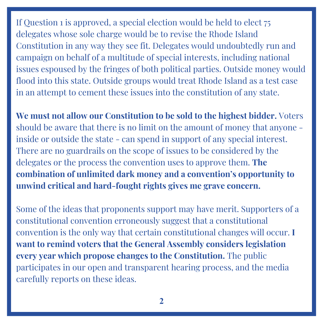 JoeShekarchi's tweet photo. Today, I released a statement re: Question 1, which will be on the November ballot in RI. It asks whether our state should hold a constitutional convention to amend or revise the RI Constitution. Please take a moment to read why I'm urging RIers to vote NO on Question 1: https://t.co/LqoyyoA3sa