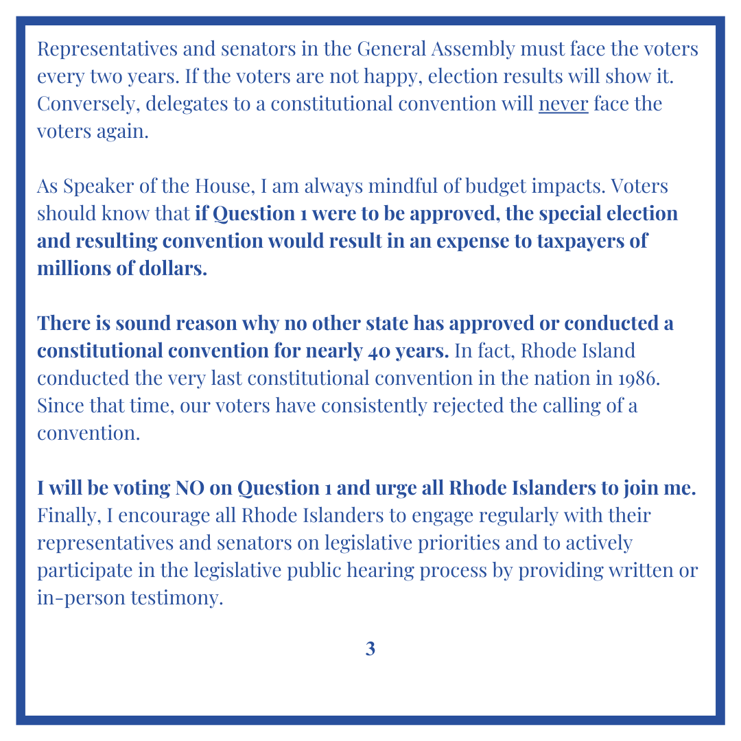 JoeShekarchi's tweet photo. Today, I released a statement re: Question 1, which will be on the November ballot in RI. It asks whether our state should hold a constitutional convention to amend or revise the RI Constitution. Please take a moment to read why I'm urging RIers to vote NO on Question 1: https://t.co/LqoyyoA3sa