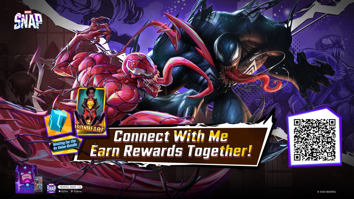 Nin10doWarrior's tweet photo. If you are looking to connect on the refer a friend program, go ahead and add me! Use the QR code below or this code... 999BCBHD. You can access the refer a friend program thru the Marvel Snap Webshop! #MarvelSNAP https://t.co/I7Bd12UeK2