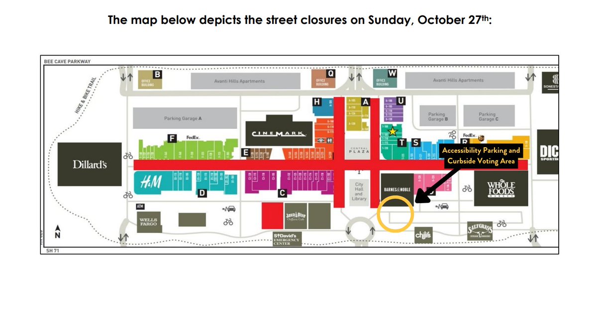 🚧On Sunday, October 27 there will be road closures at Hill Country Galleria due to the Car Show &amp; Trunk or Treat event.
🗳️Early voting will still be occurring at City Hall from 12pm-6pm.
♿Accessibility parking and curbside voting spots will be relocated on this day. See map.