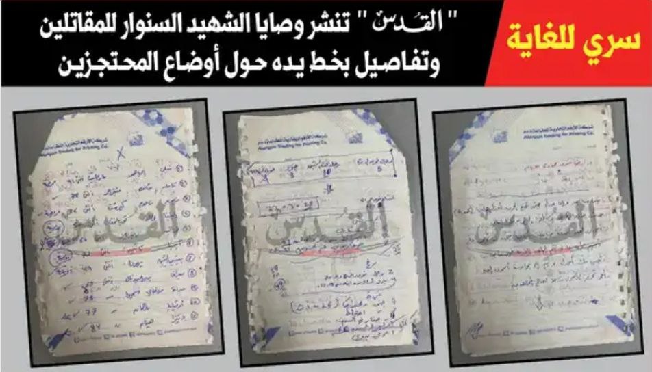 مساحة نت | الكشف عن وثائق سرية كتبها السنوار بخط يده عن أماكن الأسرى الإسرائيليين (صور)