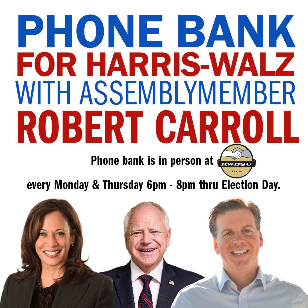 Join us tonight at 6 pm at the RWDSU HQ to phone bank for Harris/Waltz.  

Sign up here: events.democrats.org/event/694169/