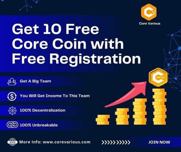 ptobi32's tweet photo. 🚀 Join Core Various for free registration and instantly get 10 Core coins! Experience its 100% decentralized and unbreakable features. Build your team and start earning big income. Join now! DM ON X #CoreVarious #Decentralized #blockchain #project #Global #online #business https://t.co/NH3iDCu3id