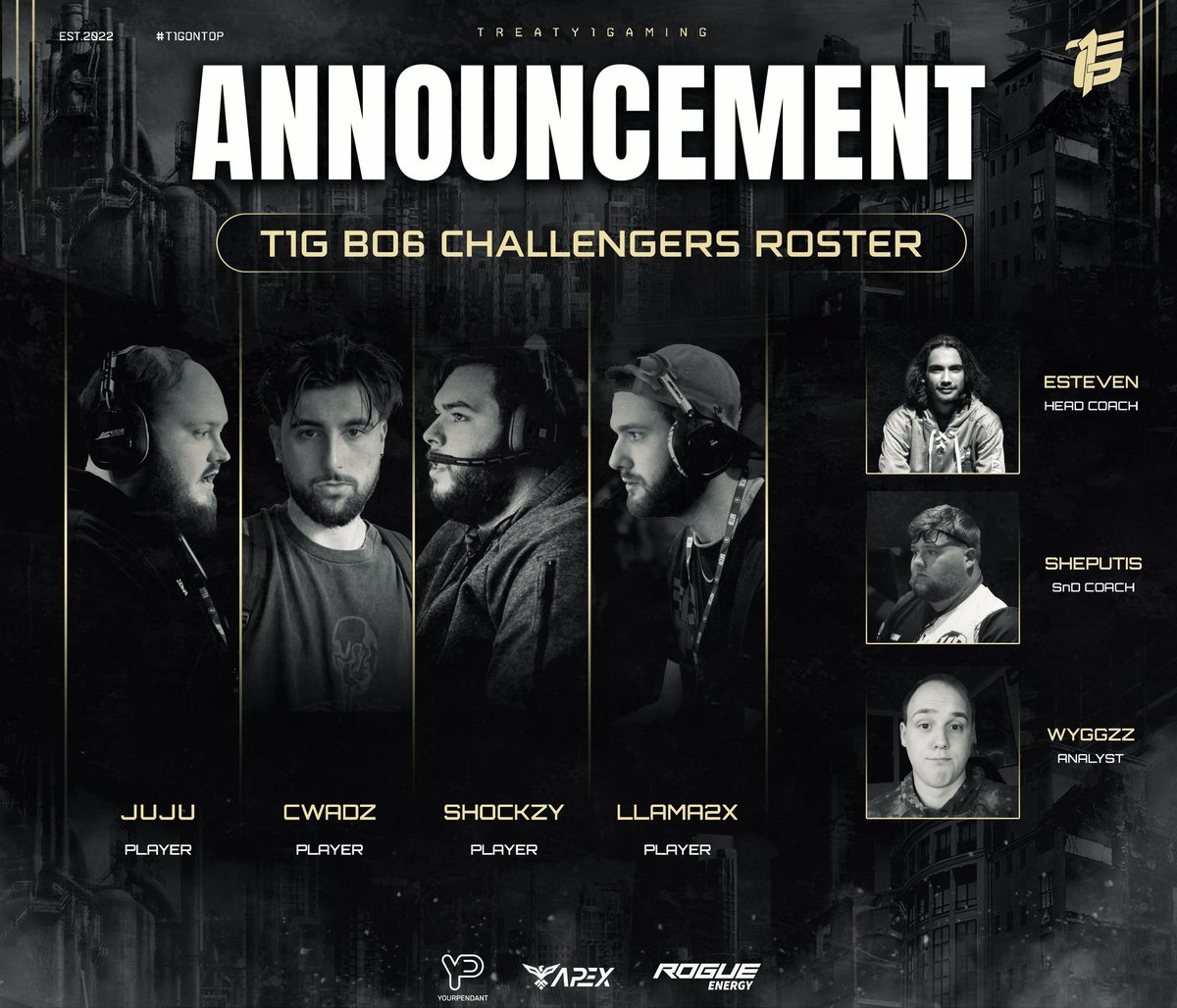 🚨Roster Announcement🚨

It’s finally time! We are super thrilled to officially introduce our T1G Challengers roster for the 24-25 B06 Season! We’re back &amp; ready to get to work🚨🫡😈 #T1G

⚡️<a href="/JuJu_the_Don/">JuJu</a>
⚡️<a href="/cWadz_/">Chris🐉</a>
⚡️<a href="/Llama2x/">۟</a>
⚡️<a href="/CaydenShockzy/">Shockzy</a>
🗣️<a href="/pnguu_/">Estevan</a>
📝<a href="/ChrisSheputis/">Shep</a>
👨‍💻<a href="/Wyggzz/">Brandon Wyganowski</a>