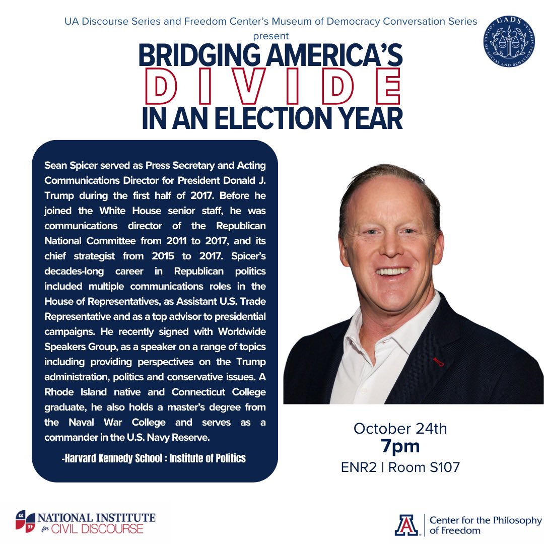 UAZFreedom's tweet photo. Join us today at 7 PM in ENR2 | Room S107 for a vital debate featuring @SeanSpicer (Former Press Secretary) and @JohannaMaska (Former Obama Aide), moderated by @keithgallred, on “Bridging America’s Divide in an Election Year.”

Register here: https://t.co/jdegmof6yz https://t.co/rC8wZhJsm1