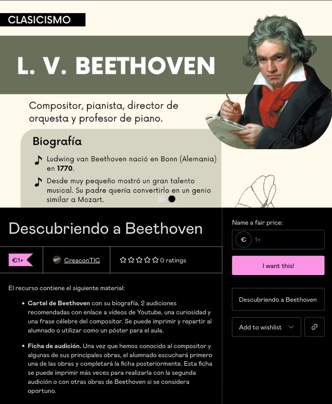 Descubriendo a Beethoven. Cartel con información sobre el compositor y ficha de audición. Nuevo recurso en nuestra cuenta de Gumroad 
➡️ mariajesusmusica.gumroad.com/l/jajyj?layout…
#recursosmusicales