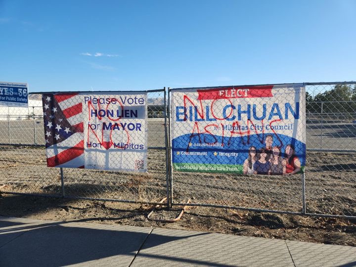 I got a tip this morning political candidate banners in Milpitas were vandalized with anti-Asian graffiti. 

When I asked city council candidate Bill Chuan about it he said he hadn’t heard of it and went to check it out.

He called the graffiti that says “NO ASIANS” disappointing