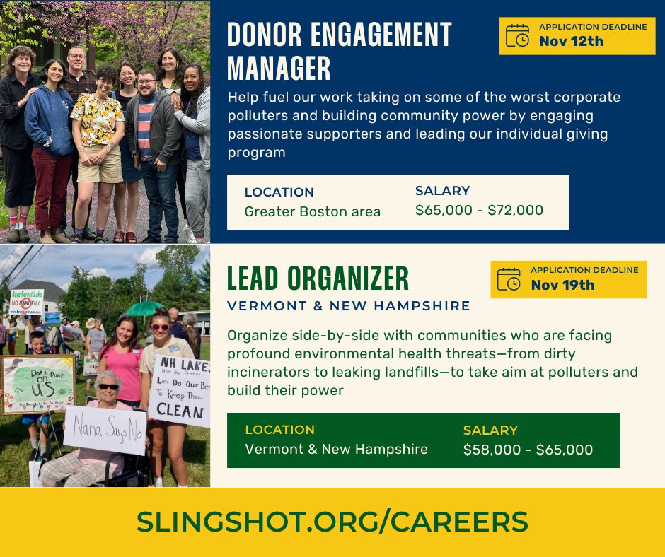 Do you see community organizing as a key way to confront profound environmental health threats and want a career creating real change? Then we want you on our team! Learn more about our open positions and apply today at slingshot.org/careers.