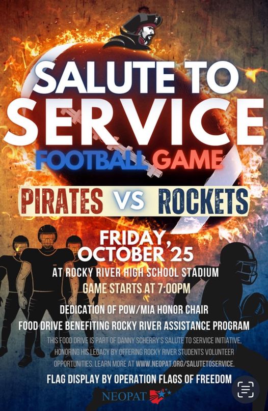 Don’t miss the Rocky River High School Salute to Service football game Friday 10/25 at 7 PM! Click for more details: NEOPAT.ORG/SALUTETOSERVICE

#salutetoservice #honor #remember #rockyriver #keepingthepromise