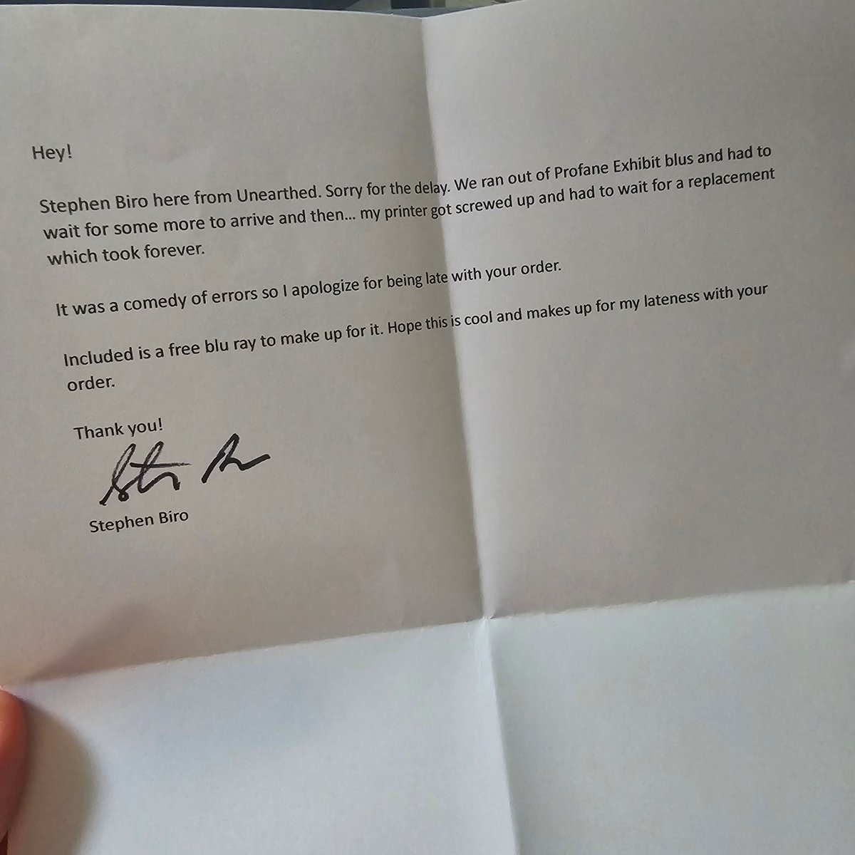 Shout out to <a href="/Unearthedfilms/">Unearthed Films</a>! My copy of The Profane Exhibit arrived yesterday, complete with a bonus movie and a note from Stephen Biro apologizing for the delay when it wasn't even that bad.

They made me wait 10 years for this film; what's another couple of weeks?