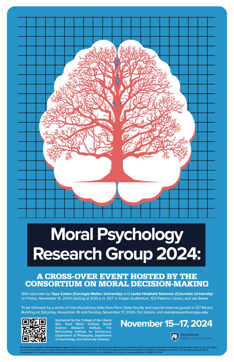 Excited to announce that through the Consortium on Moral Decision-Making (moralconsortium.psu.edu), I will be hosting a special cross-over conference with the Moral Psychology Research Group (sites.google.com/view/mprg/home) this November! More details below... 1/n
