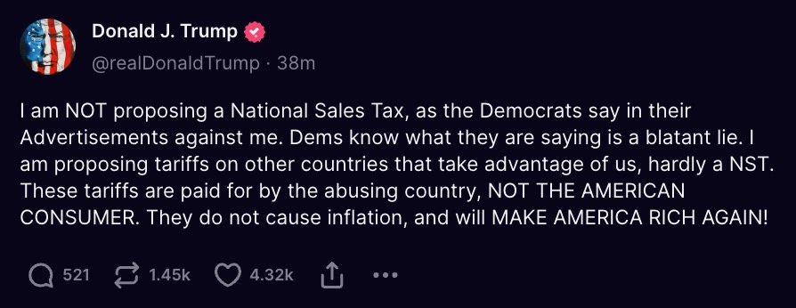 MeidasTouch's tweet photo. Tariffs are quite literally NOT paid for by other countries. They are taxes paid by American businesses on imported goods. Trump's proposal is literally a national sales tax passed onto the consumers. His lack of knowledge around basic economics is disqualifying by itself. https://t.co/tPYA4xVRES