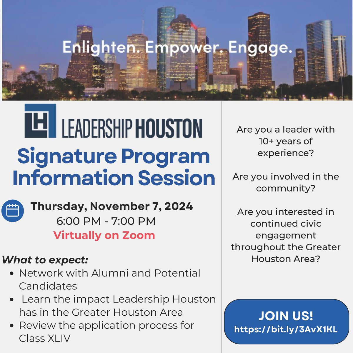 One week to go! Don’t miss our #LeadershipHouston Signature Program Info Session🏙️Join us and learn how our 10-month journey develops bold leaders, builds lasting connections, and drives impact across Houston. Register here: bit.ly/3AvX1KL