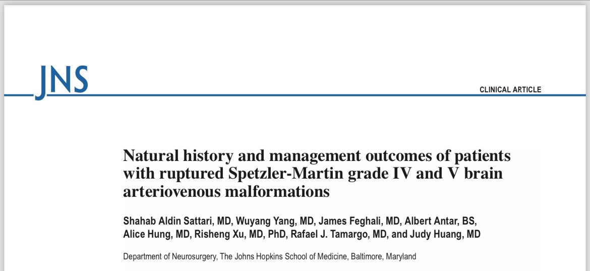 ShahabSattari's tweet photo. Check out our @HopkinsNsurg recent paper published by @TheJNS on management of SM grade 4&amp;5 brain AVMs 

https://t.co/BWSkfNfeeN https://t.co/BAHtAs7XZ1