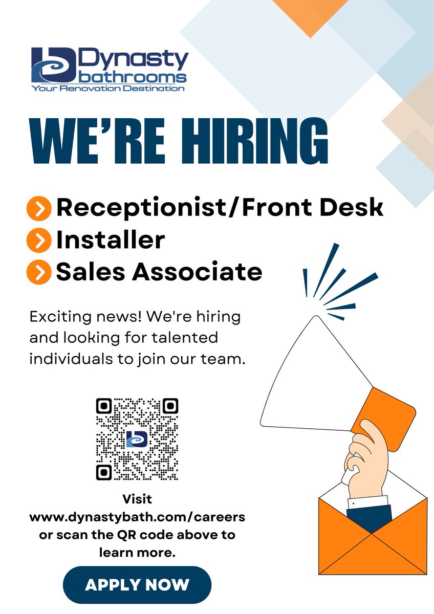 📢 We're Hiring!

Dynasty Bathrooms is expanding our team and we’re looking for talented individuals to join us!

We have openings for: ➡️ Receptionist/Front Desk
➡️ Installer
➡️ Sales Associate