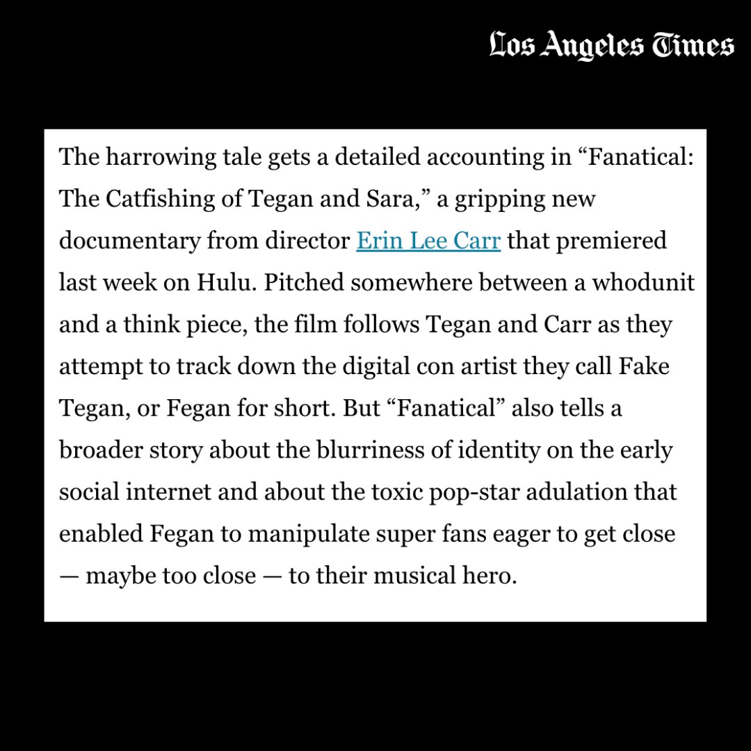 storysyndicate_'s tweet photo. Still haven't seen Erin Lee Carr's "gripping" doc about Tegan and Sara's struggles with a catfishing hacker?

Read the full interview with Tegan &amp; Erin from the LA Times, and stream FANATICAL: THE CATFISHING OF TEGAN AND SARA on @hulu 

https://t.co/0FcDTeY1pG https://t.co/gSJET2LZad