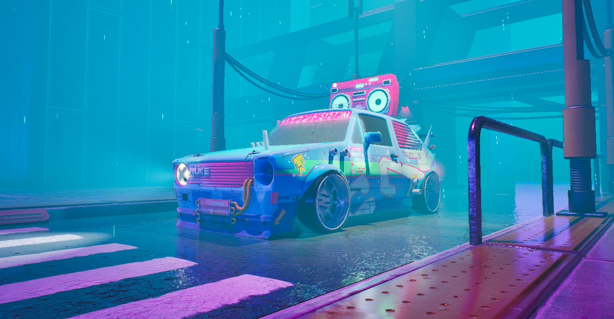 TheRealCoryH's tweet photo. Finally put a scene together for a car I made a while back.  Used a modular kit created by Michael Altuna, assembled in Unreal 5.  Concept for the car by Artem Solop. #gameart #gamedev https://t.co/ZjajTEYcLa