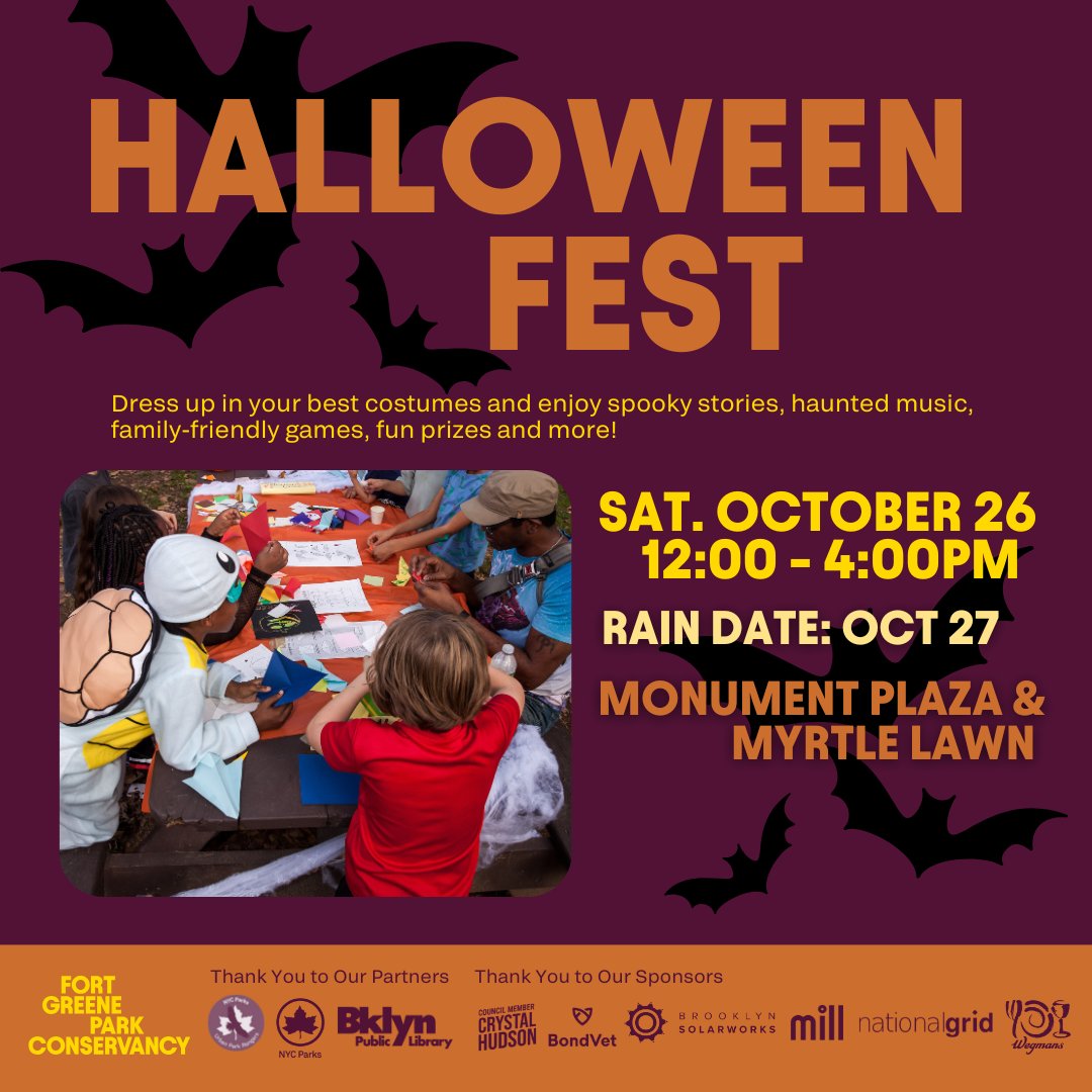 PartnershipsForParks (@pfpnyc) on Twitter photo Join <a href="/fortgreenepark/">Fort Greene Park Conservancy</a> for their Halloween Fest! Come in your best costume for spooky stories, haunted music, family-friendly games, prizes, and more! This Saturday, October 26th, from 12 - 4pm at Monument Plaza and Myrtle Lawn. Join <a href="/fortgreenepark/">Fort Greene Park Conservancy</a> for their Halloween Fest! Come in your best costume for spooky stories, haunted music, family-friendly games, prizes, and more! This Saturday, October 26th, from 12 - 4pm at Monument Plaza and Myrtle Lawn.