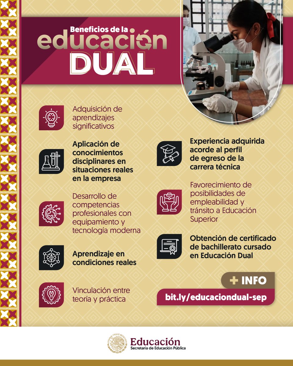 ✨¿Ya conoces qué beneficios tiene la #educacióndual?
🟢 Aprendizaje en condiciones reales.
🟢 Desarrollo de competencias profesionales con equipamiento.
🟢 Y mucho más... 

¿Conoces qué instituciones cuentan con él?
🤔 Aquí puedes consultarlas:  bit.ly/educaciondual-…